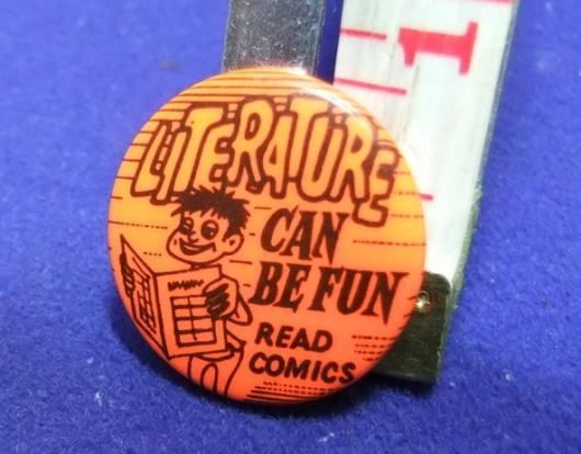 Tin badge a&bc ? gum literature can be fun read comics 1960s premium machine