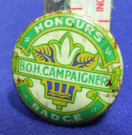 Tin badge honours boh campaigner band brotherhood club association 1900s