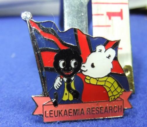 Golly and Rupert leukaemia research pin pink scroll