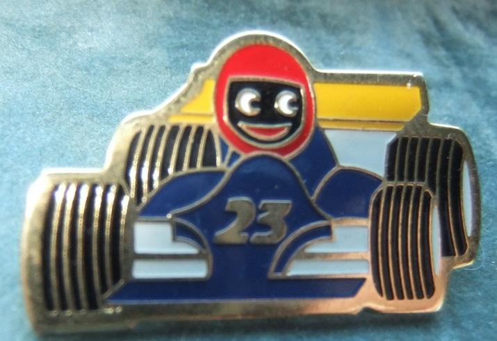 Robertsons Golly Racing Car Driver badge brooch 1980s