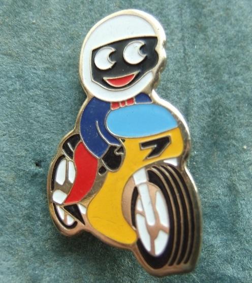 Robertsons golly badge Motorcycle Motorcyclist 1980s MID BLUE SCREEN