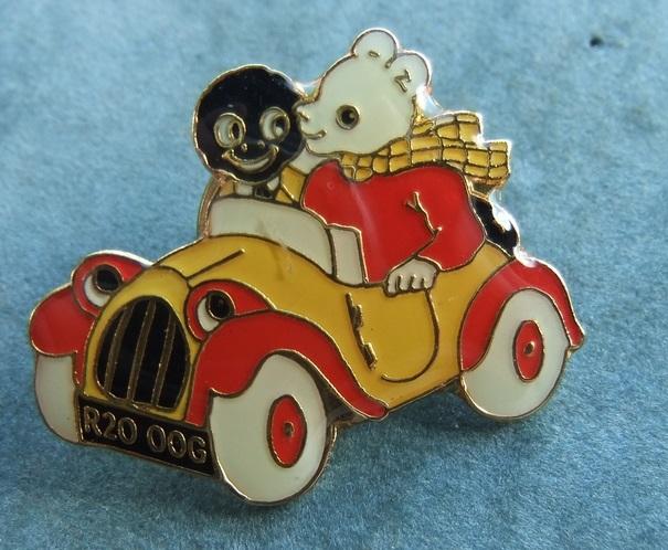 Golly and Rupert pin Badge Riding in Car Red Fenders