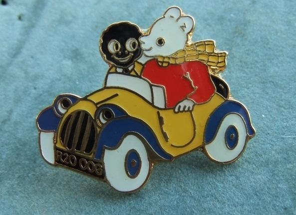 Golly and Rupert pin Badge Riding in Car Blue Fenders